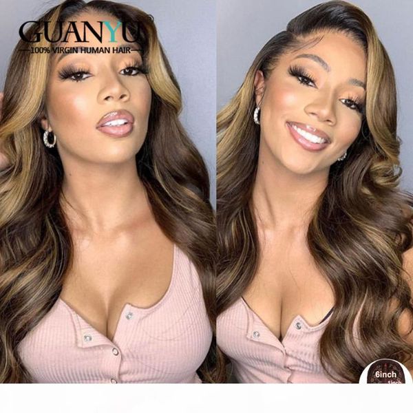 

highlight wavy t-part lace wigs 100% human hair pre-plucked brazilian remy ombre 180% colored 4 27 lace part wig for women, Black;brown