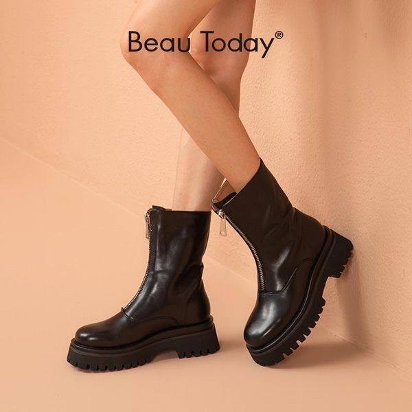 

boots beautoday ankle women calfskin leather zipper round toe platform sole punk style female chunky shoes handmade 02300, Black