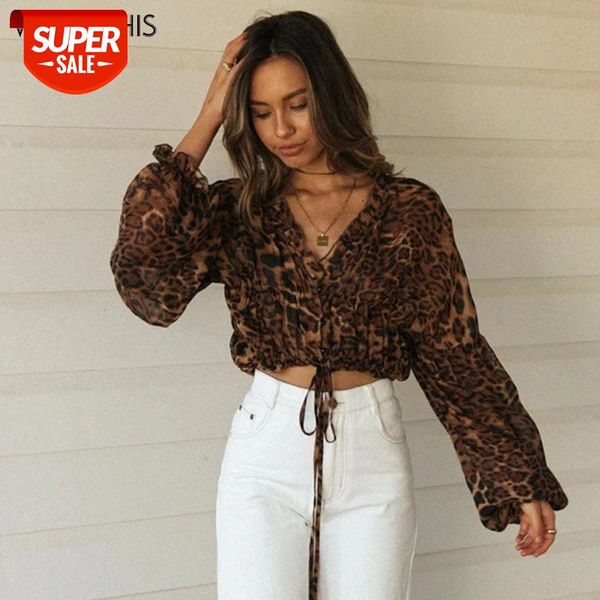 

WannaThis Sexy Leopard Print Blouse Women Fashion 2020 Ruffles V-Neck Long Sleeve Hem Drawstring Casual Autumn Streetwear Tops #NF0E, White