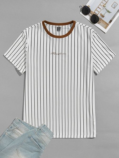 

men striped print round neck t-shirt s5wx#, White;black