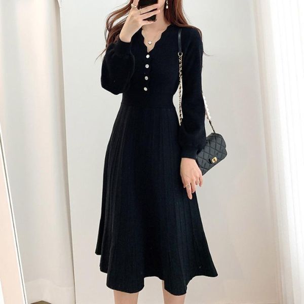 

casual dresses korean fashion 2021 autumn temperament high waist solid color simplicity dress v-neck long sleeve elegant women's knit, Black;gray