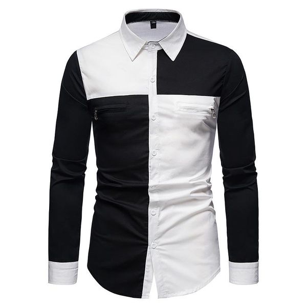 

men's casual shirts zipper desinger men shirt 2021 spring brand mens long sleeve slim fit patchwork cotton social business streetwear, White;black