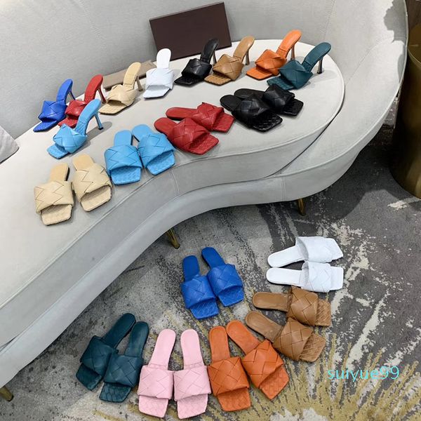 

2021 flat slides sandals woven women slippers square mules shoes ladies wedding high heels shoes dress shoes  color high quality, Black