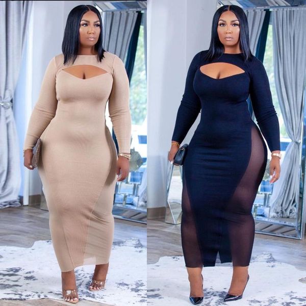 

casual dresses zaggin 2021 autumn women solid 2-colors see-through skinny long dress o-neck full sleeve hollow out bodycon maxi, Black;gray