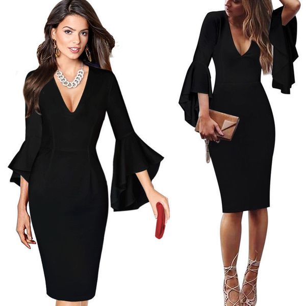 

2021 new plus size s-5xl office pencil women vintage butterfly sleeve v-neck bodycon party uxgh, Black;gray