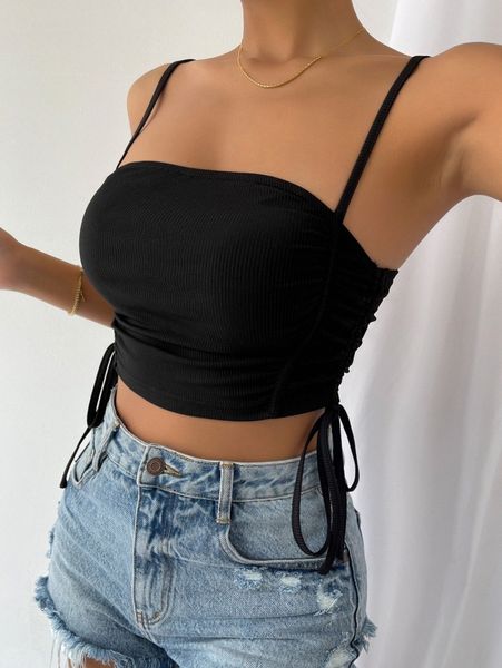 

solid drawstring crop cami 27dz#, White
