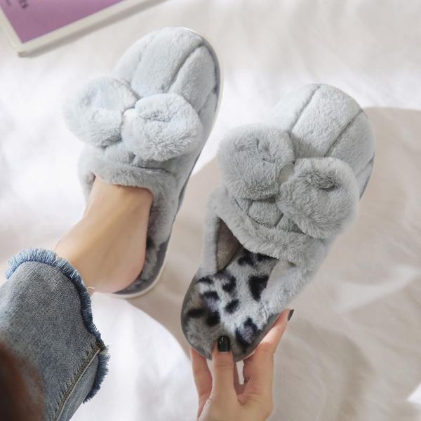 

slippers non-slip floor women's shoes leopard couples butterfly bow knot warm home female indoor velvet comfortable girl's shoe, Black
