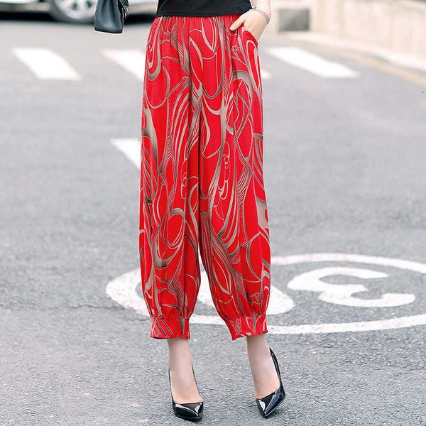 

skirts summer korean vintage printed high waist loose thin casual pants elegant middle aged women trousers y322 jgjw, Black