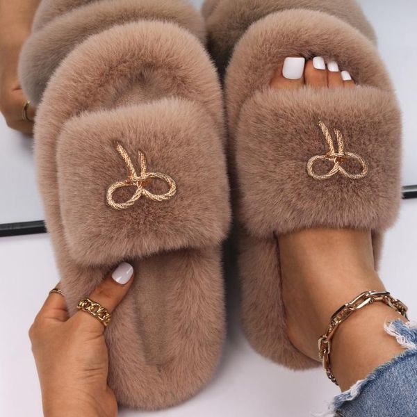 

slippers female metal bow faux fur slides flat sandals flip flops with fluffy outdoor women platform winter shoes, Black