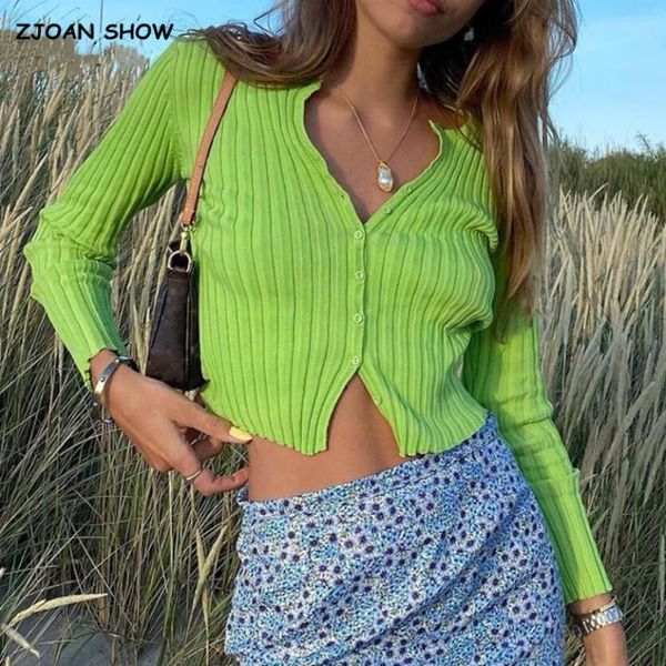 

2021 retro knitting stripe line rib crop knit cardigan sweater vintage woman slit v neck split long sleeve jumper knitwear, White
