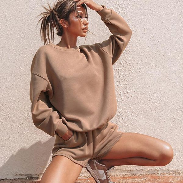 

women's tracksuits autumn spring tracksuit women two-piece clothes set solid color round collar long sleeve sweatshirt shorts casual sp, Gray