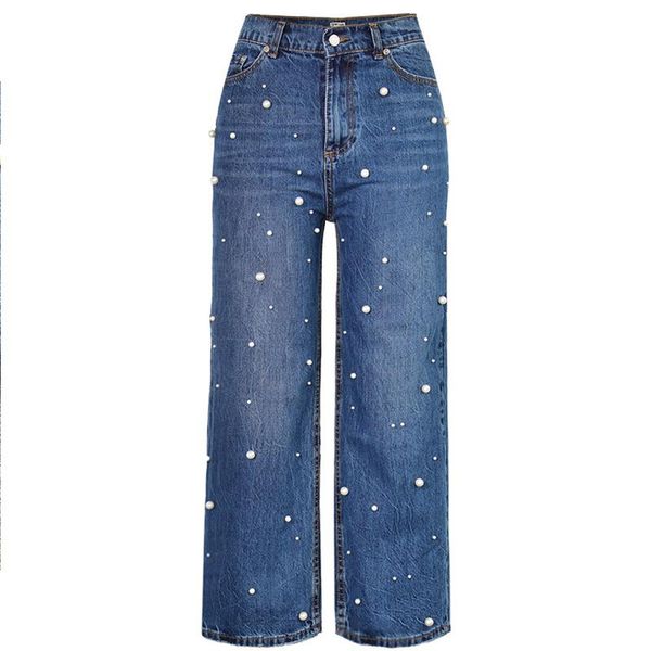 

women's jeans fashion high-waisted straight loose wide-leg denim flared trousers pearl studded bootcut, Blue