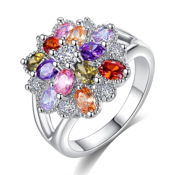 

cluster rings flowery lady rainbow crystal ring flower glamour fashion single metal colorful zircon party jewelry gift, Golden;silver