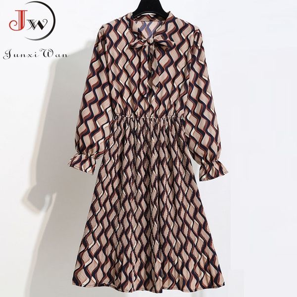 

2021 women casual autumn winter dress long sleeve bow collar lady korean style vintage floral printed chiffon shirt long dresses 210316, Black;gray