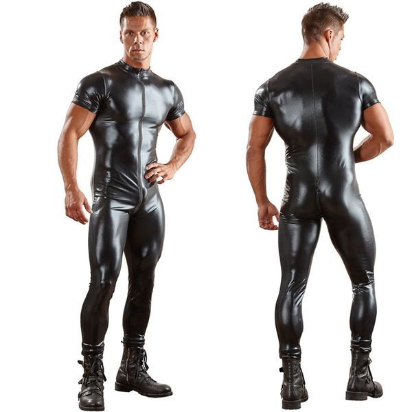 Catsuit-Kostüme, sexy Herren-Catsuit aus PU-Leder für Männer, enge Haut, voller Bodysuit, Overall, Reißverschluss vorne, offener Schritt, Latex-Zentai-Anzug, Kostüm, 3XL