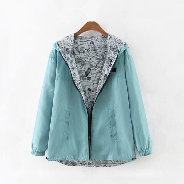 

women's jackets 2021 spring autumn women basic jacket coat two side wear cartoon print pocket zipper hooded jackert windbreaker outwear, Black;brown