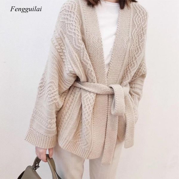 

women's belt cardigan women's v-neck long-sleeved sweater autumn and winter new warm sweater fashion elegant top, White