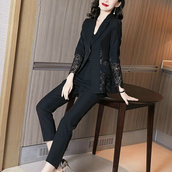 

female middle-aged autumn lace of two loose suit parts + pants elegant women's fashionable clothing y420 13iz, Blue