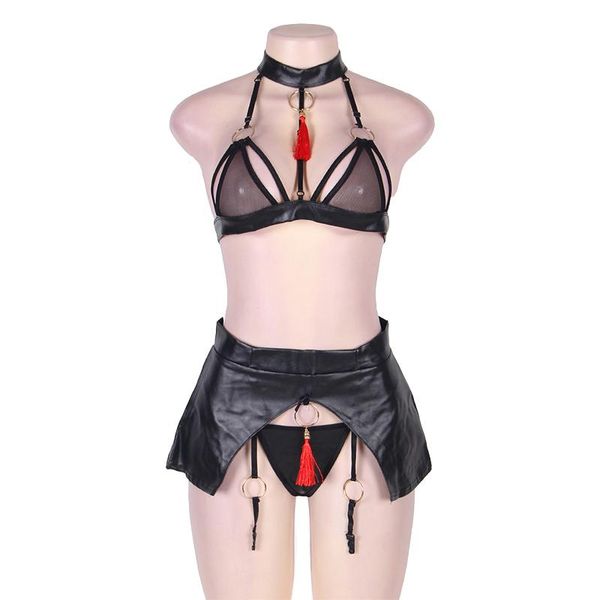 

bras sets black halter lingerie women set pu leather backless strappy rings erotic plus size bra with garter, Red;black