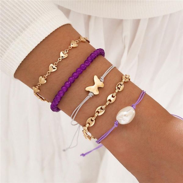 

link, chain modyle bohemian gold color butterfly heart bracelets set for women summer big pearl charm bangles jewelry, Black