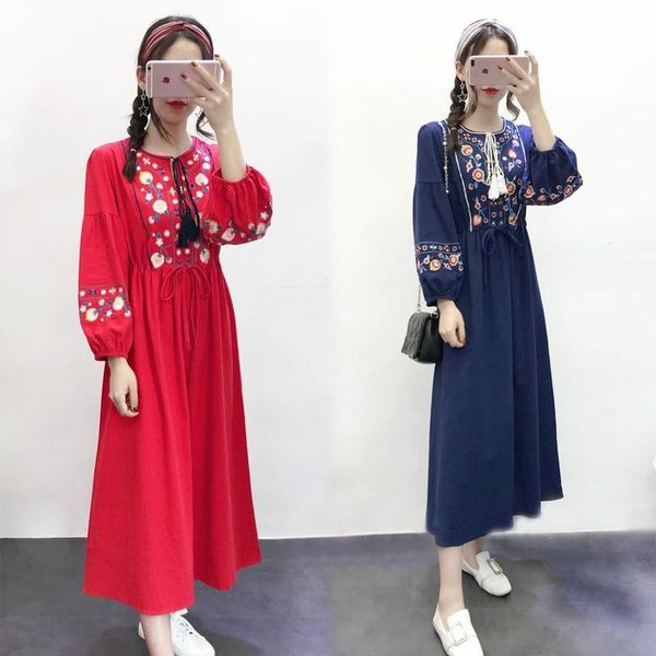 

casual dresses robe vintage femme mexican embroidered cotton linen puff sleeve red white navy blue boho chic women dress autumn 2021 4785, Black;gray