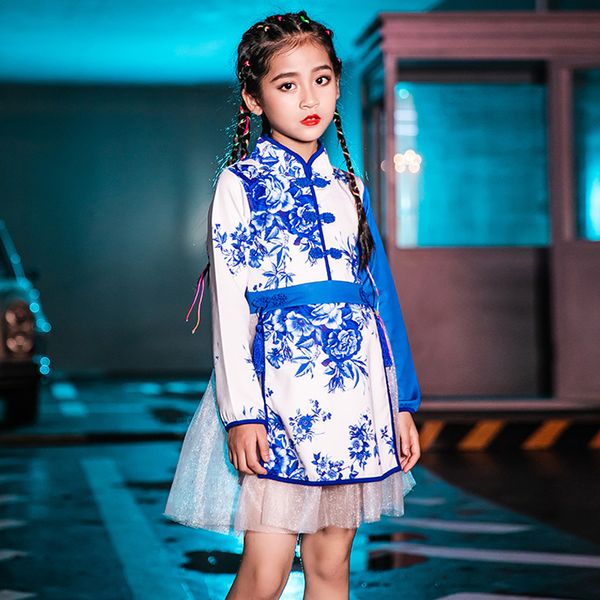 

jazz dress for girls long sleeve dress blue and white porcelain stage outfit jazz hip hop dress kids performance wear vdb1090, Black;red