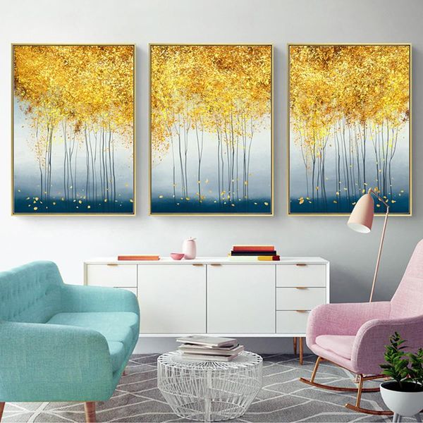 

paintings modern living room painting abstract golden fantasy canvas poster forest nordic triple decorative home decor