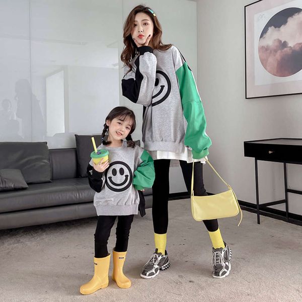 

children's parent child spring new smiling face girl's cloth mother of the wt women's fashion two piece set, Blue