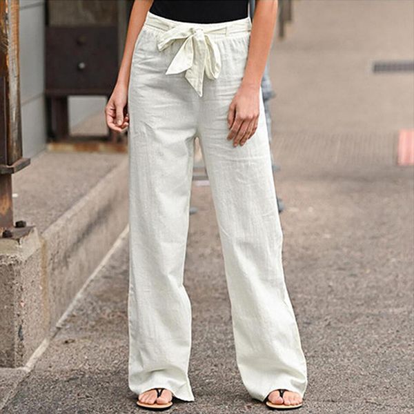 

straight wide leg long womens capris solid cotton linen sashes casual loose summer high waisted, Black;white