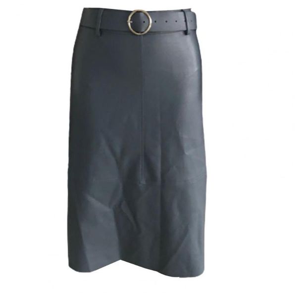 

skirts stylish women solid color faux leather high waist office midi skirt with belt, Black