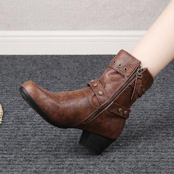 

boots women ankle chaussure mid heels pumps booties plus size vintage pu leather matin shoes woman zapatos mujer sapato d1950, Black