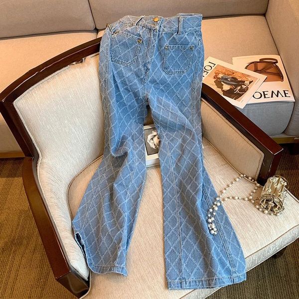 

women's jeans high-waisted wide-legged women 2021 spring and autumn loose-fitting, show-thin lozenge fur-lined straight-tube pants, Blue