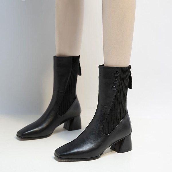

boots square toe knitted wool stitching microfiber mid-tube short wood grain thick heel korean socks mid-calf, Black