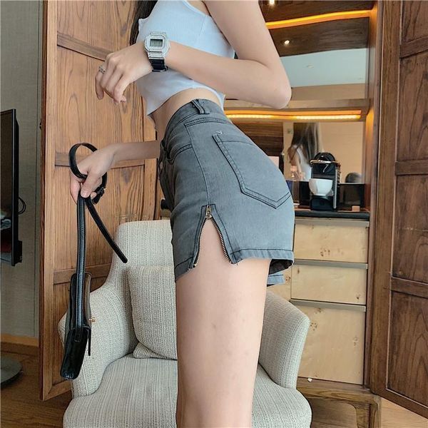 

women's jeans shorts women 2021 summer hong kong style high waist tight peach hip pants slim side zipper fashion, Blue