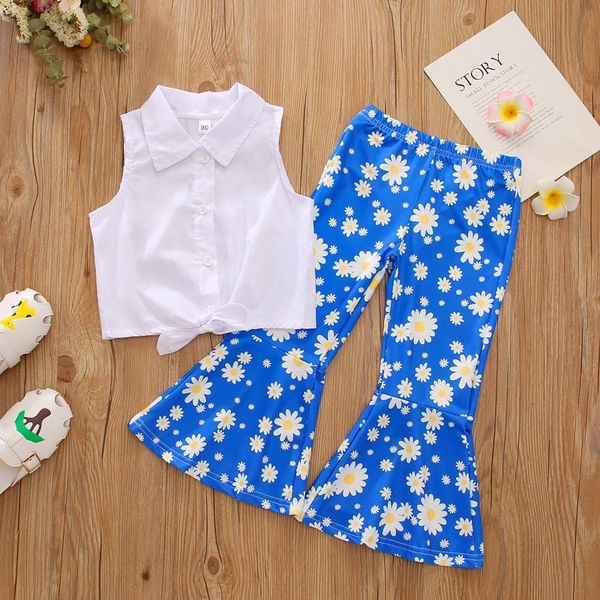 

clothing sets sunflower print girls clothes toddler baby kids sleeveless vest floral flared pants outfits set vetement fille, White