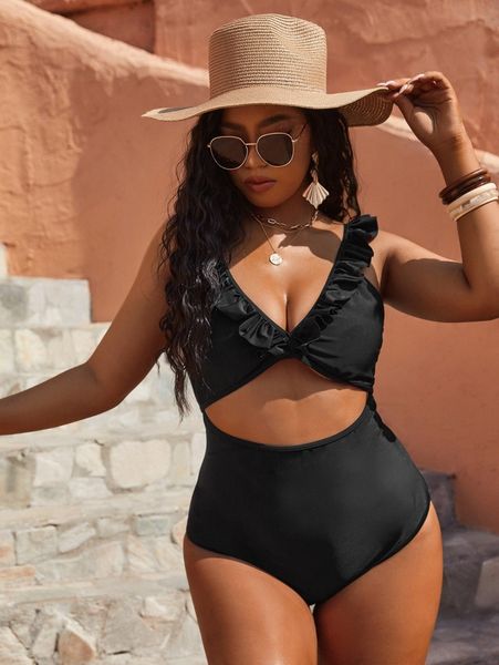 

plus cut-out ruffle trim one piece swimsuit 12nz#, Black