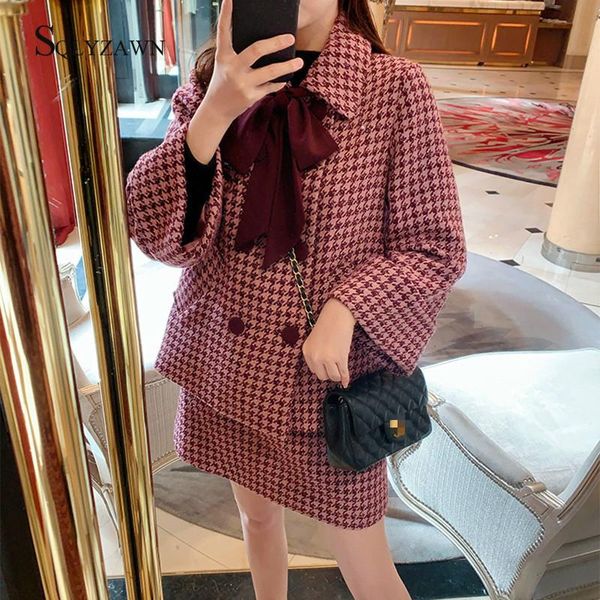 

two piece dress autumn winter long sleeve tweed wool set women 2pcs sets knitted blazer jacket + mini skirt vintage suit, White