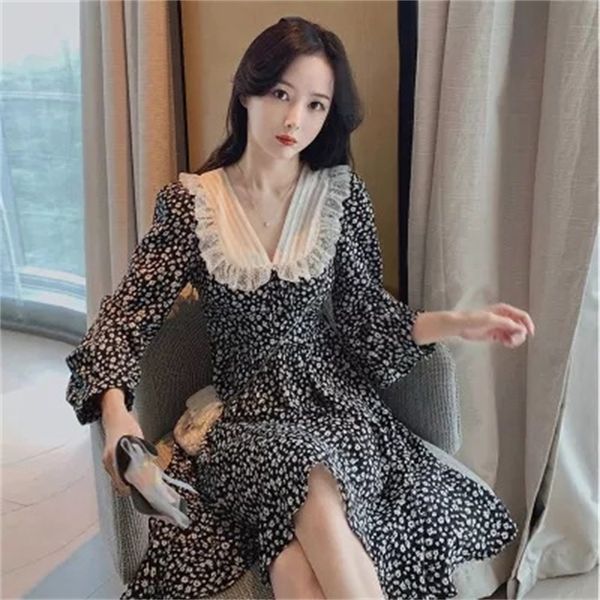 

casual drs 2021 autumn floral long sleeve waist drs v-neck korean skirt women's wear, Black;gray