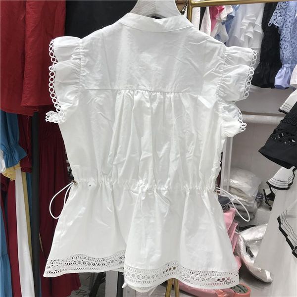 

women's blouses & shirts 2021 summer french splicing lace simple all-match casual ruffled drawstring slimming short sleeve t-shirt wome, White