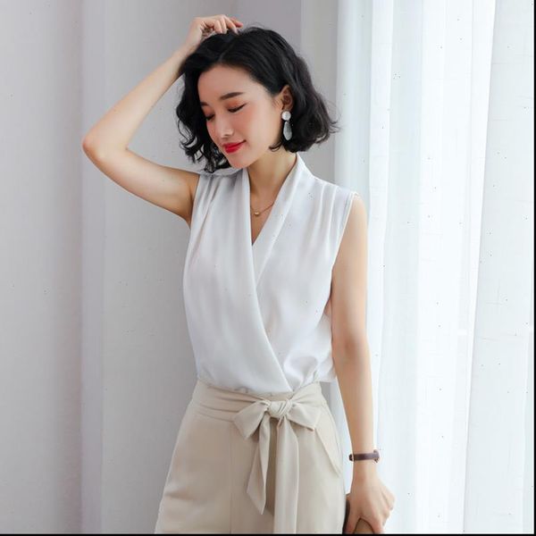 

korean elegantes women blouses 2021 summer irregular silk shirt vintage sleeveless ladise boho plus size female clothes, White