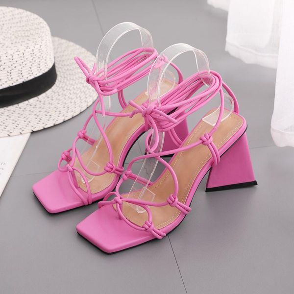

sandals 2021 strappy heels large size ladies shoes summer square toe suit female beige lace up big comfort fashion girls spr, Black