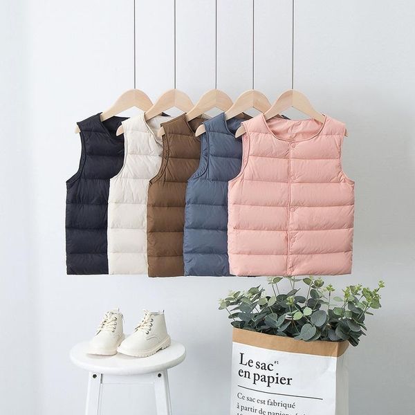 

down coat children's vest inner liner round neck boys and girls solid color kindergarten clothes, Blue;gray