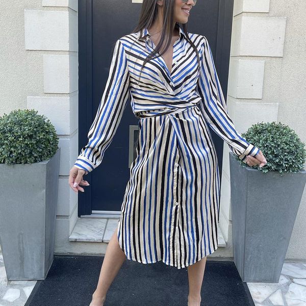 

casual dresses autumn long striped shirt dress women turn-down collar single breasted sleeve party office vestido 2021, Black;gray