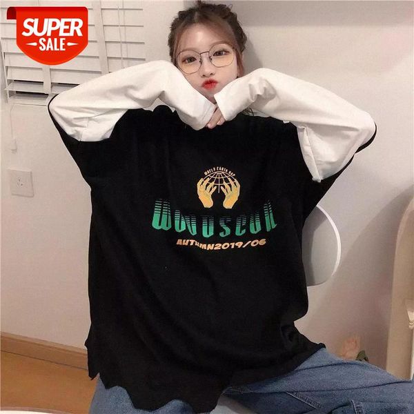 

harajuku kawaii women tshirt loose casual long sleeve patchwork t shirt autumn students simple letter print black white t-shirts #5p3j