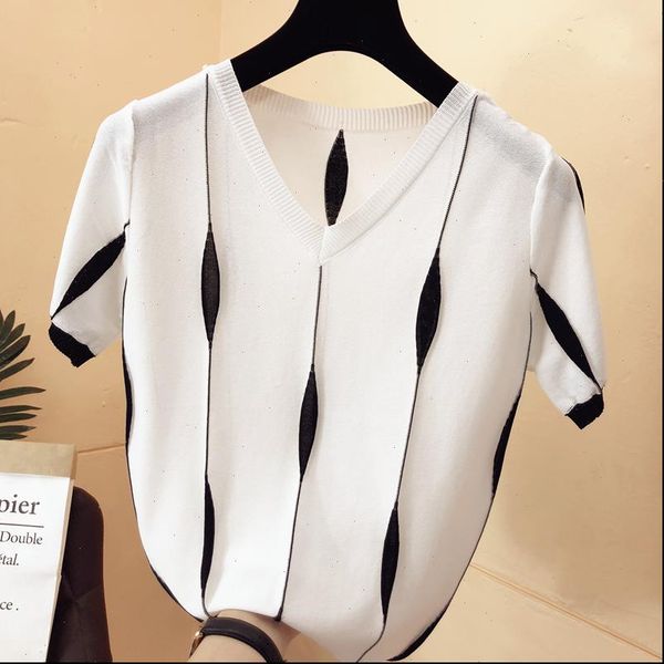 

thin knitted sweaters women striped v neck loose sweater short sleeve woman clothes camiseta mujer 2021 summer hot, White;black
