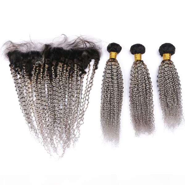

silver grey ombre curly human hair 3bundles with frontal malaysian kinkys curly #1b grey ombre weave human hair bundles with lace frontal, Black;brown