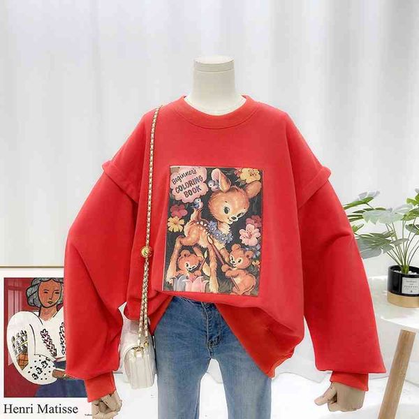 

2021 autumn new pasted cloth large women's long sleeved printed deer round neck pullover sweater 66-215 age reduction, Black