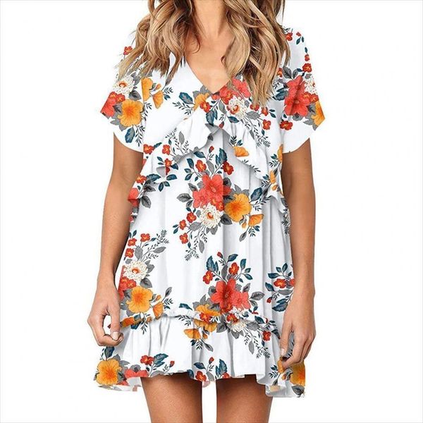 

plus size mini casual women dresses v neck print summer sundress ruffle short sleeve loose beach beachwear robe, Black;gray