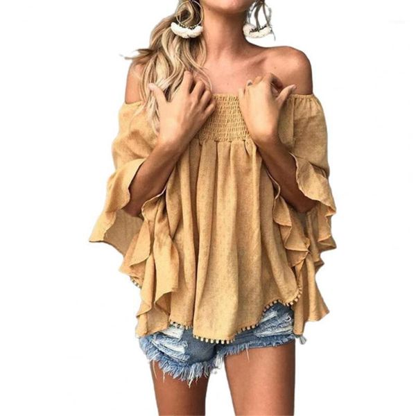 

women's blouses & shirts 2021 women summer solid color blouse batwing sleeve thin off shoulder neck ruffle shirt pullover top, White