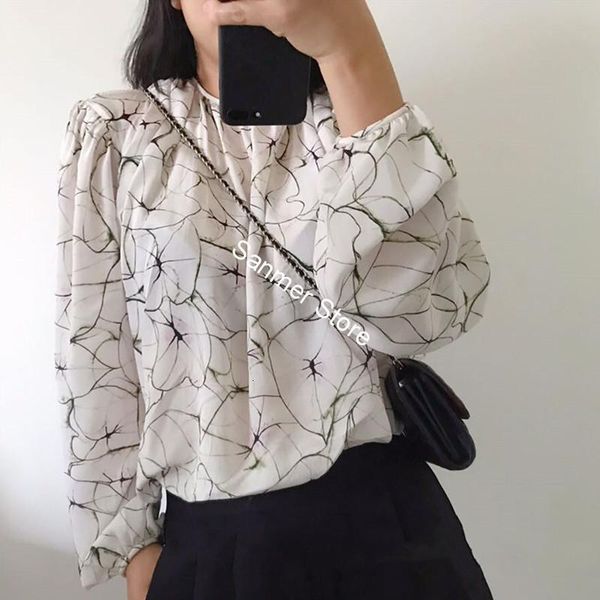 

2021 new camisa de impresso feminina manga longa seda solta plissado nova o-pescoo incio outono blusa e s kae6, Black